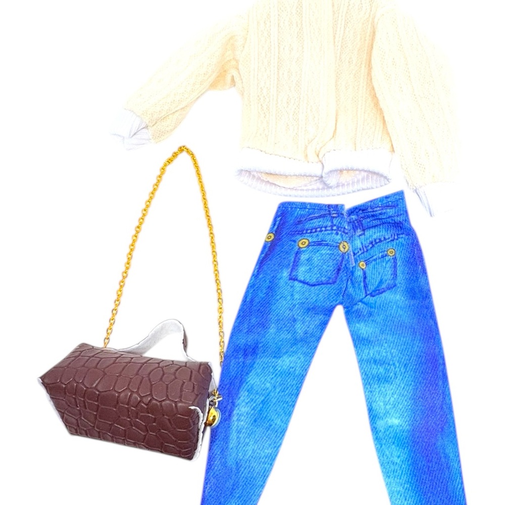Fashion Doll in Cream Sweater & Blue Jeans with Brown Handbag - Picture 6 of 9